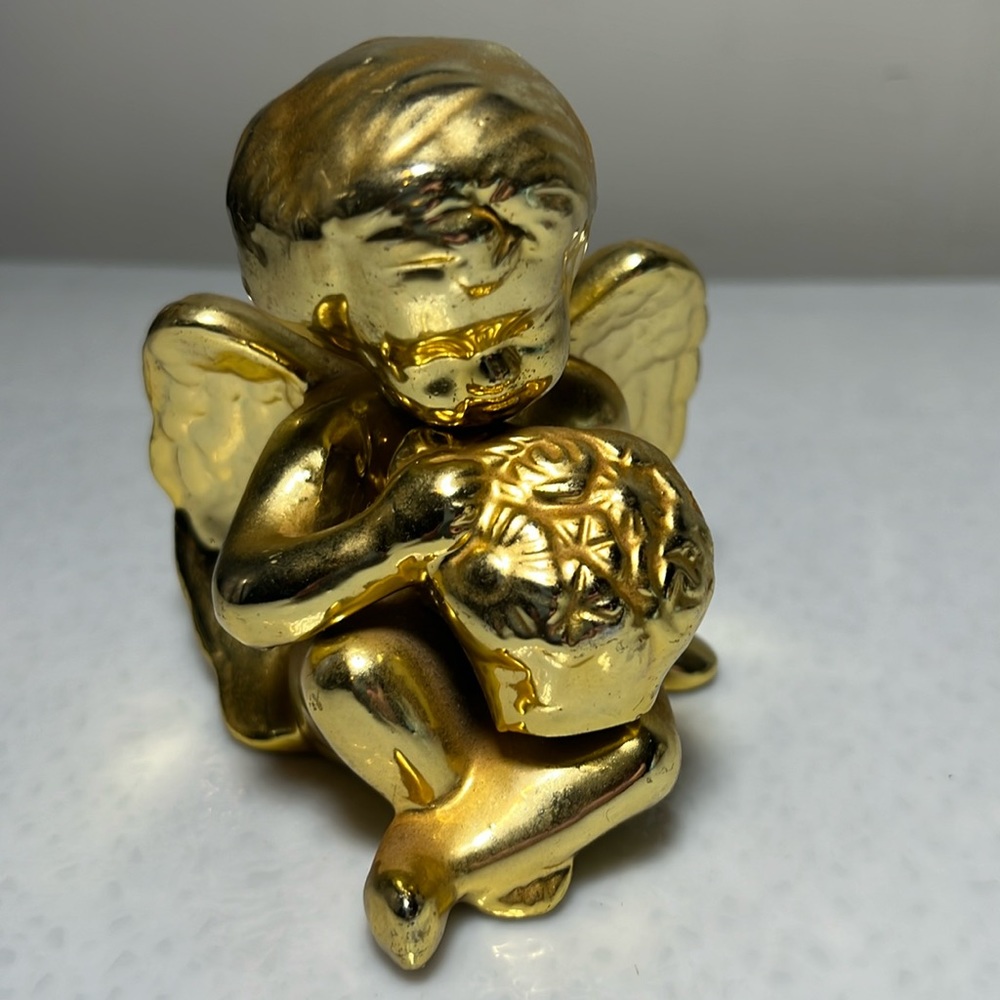 Vintage 50's Gold Tone Ceramic Angel Holding Flower Pot